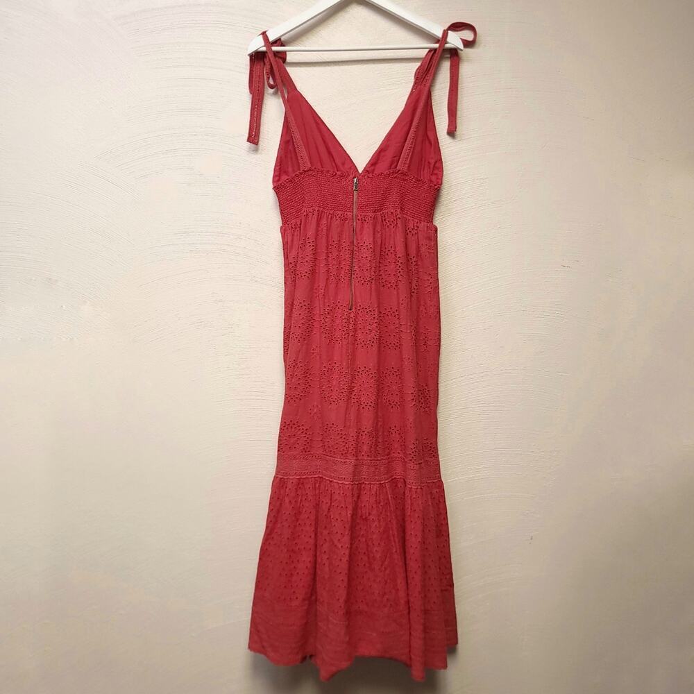 ALICE + OLIVIA Levine Smocked Waist Cotton Linen Blend Midi Dress Size 10 Red - Picture 2 of 14